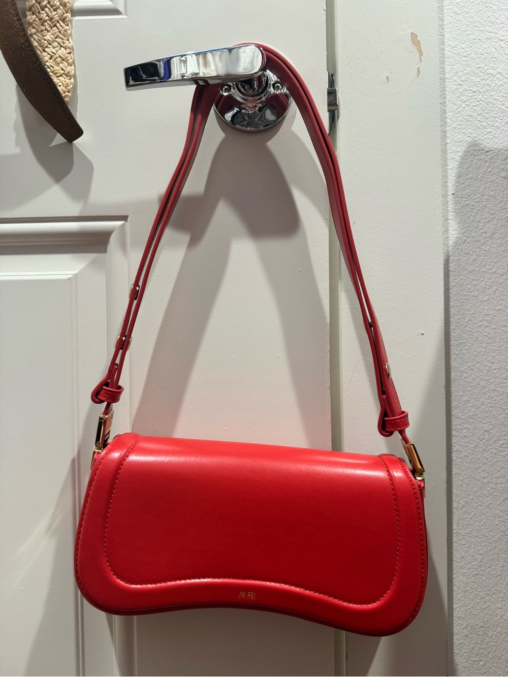 JW PEI Red Curved Shoulder Bag with Gold Hardware